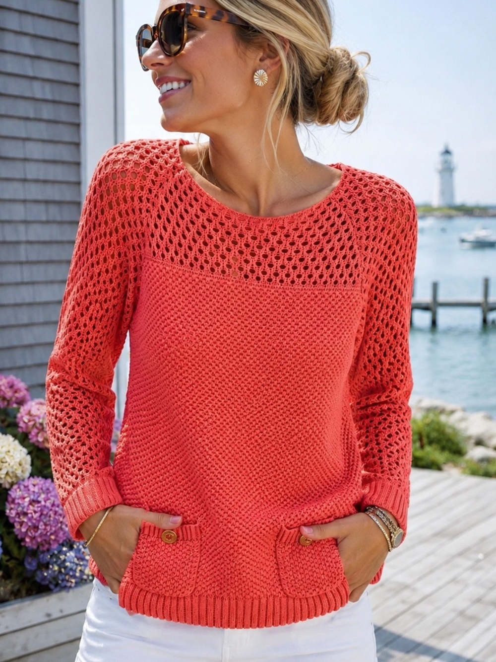 Lilly Pulitzer Open Knit Sweater XS Coral Pink Coastal Beach Pullover Preppy
